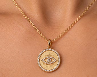 Evil Eye Diamond Pendant, 14K Gold Round Evil Eye Charm, Sunburst Medallion, Diamond Protection Talisman , Lab Diamond Pendant