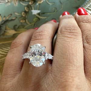 Oval Lab Diamond  Ring , 3 CT Oval Cut Lab Diamond Engagement Ring , Three Stone Oval Cut, Pear Side Accents , Proposal Ring , Lab Grown IGI