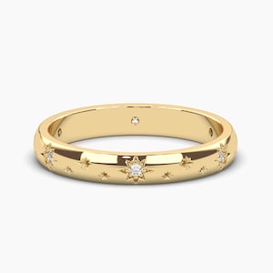 Celestial Wedding Band, Solid Gold Bridal Band, Star Emblem Band, Star Shaped Gold Band, Gold Wedding Band, Gifts For Her By Zhedora