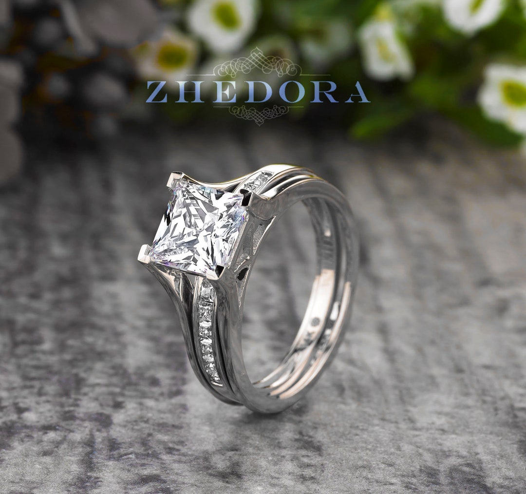 CT Princess Cut Moissanite Engagement Ring Set, Princess Cut