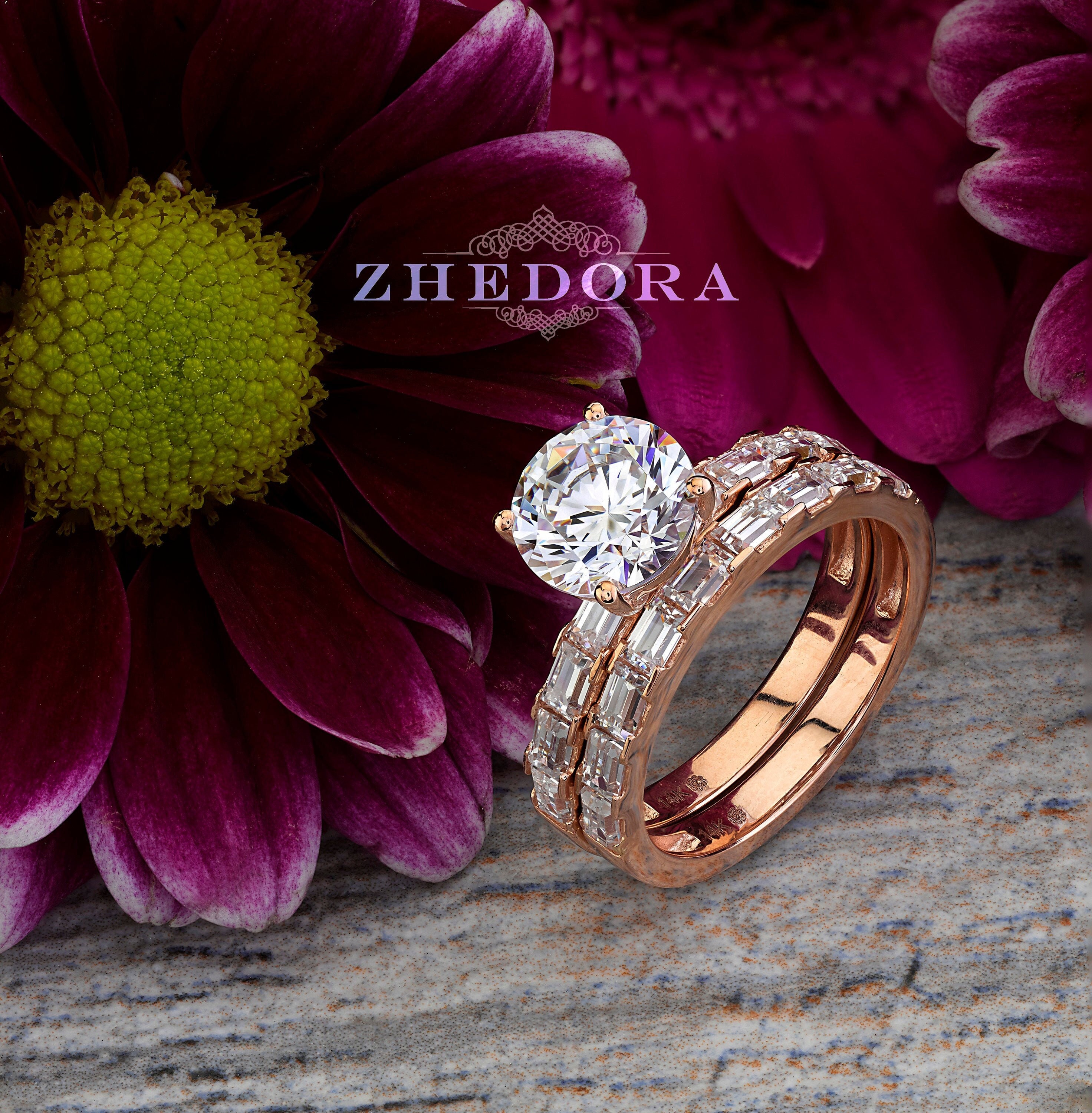 Round Engagement Ring Set, Rose Gold Moissanite Bridal Set, Baguette Round Engagement Ring Set, Rose Gold Moissanite Bridal Set, Baguette