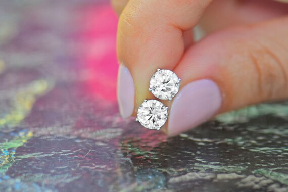 10K Solid White Gold Solitaire Stud Earrings For Women | Round Simulated Diamond | Screw Back