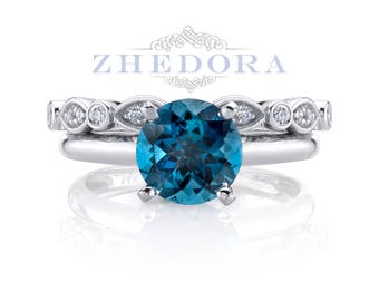 Anello di fidanzamento con topazio blu di Londra in oro bianco 14 carati e anello con pietra portafortuna di dicembre, anelli di fidanzamento con pietra portafortuna, set nuziale, anello con pietra blu