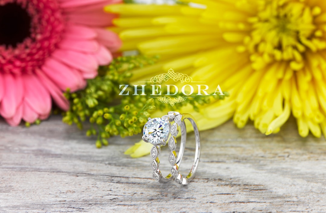 White Gold Moissanite Bridal Set , Round Cut Engagement Ring , Ring for ...