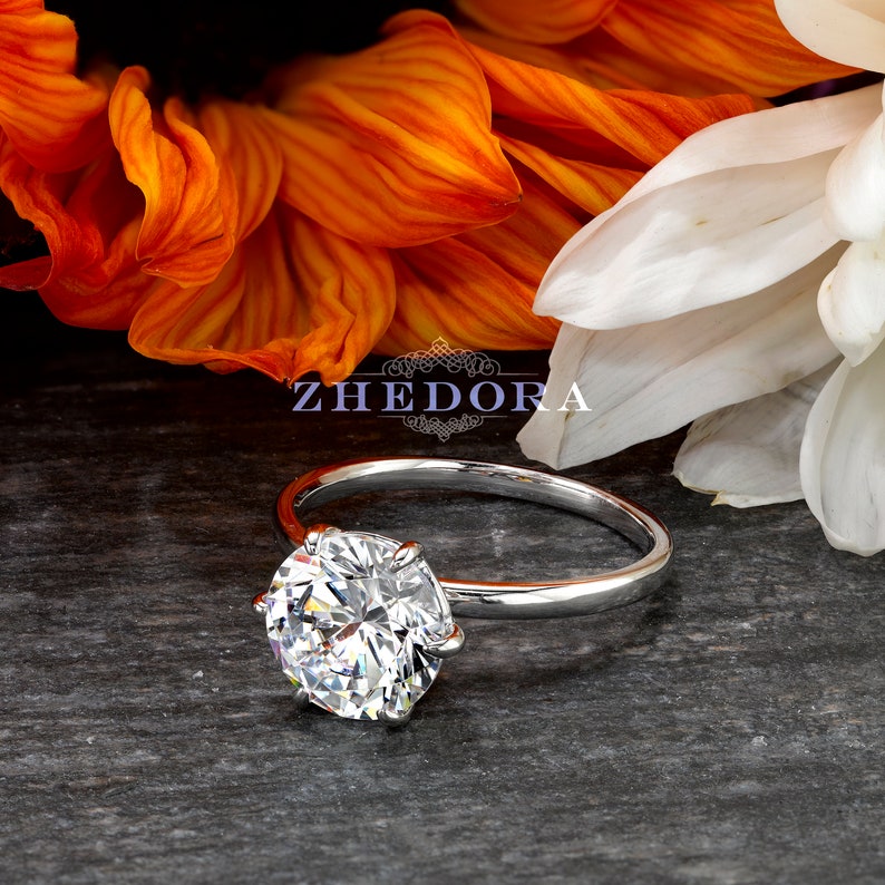 White Gold 2 CT Round Moissanite Engagement Ring 14/18k , Dainty Ring , Forever One Engagement Ring, 6 Prong Ring, 8mm Round Ring, Zhedora image 5