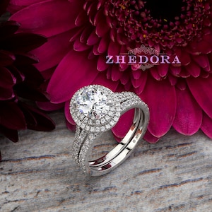 Double Halo Oval Engagement Ring | Platinum Oval Ring Set | Halo Oval Wedding Set | White Gold Wedding Set | Petite Engagement Ring | Rings