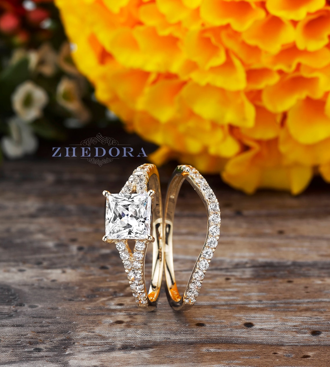Yellow Gold Princess Cut Bridal Set in 14k or 18k Split Etsy