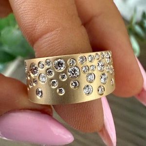 Solid Gold Cigar Band Scattered Diamond Cluster , Lab Grown Diamond Cigar Band , Diamond Matte Band , Full Eternity Diamond , Thick Band