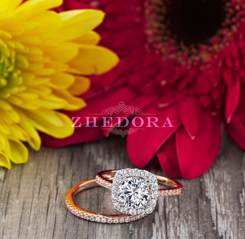 Moissanite Engagement Ring , 14K Wedding Set , Bridal Set , Moissanite Ring for Women , Halo