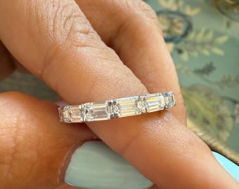 East West Emerald Cut Wedding Band , Half Eternity Wedding Band , Lab Grown Diamond Band , Horizontal Emerald cut Wedding Band ,Sideway Band