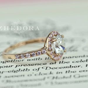 2.50 CT Pink Engagement Ring in 14k/18k Rose Gold, Halo Engagement Ring, White Sapphire Ring, Forever One Moissanite Engagement Ring Zhedora image 4