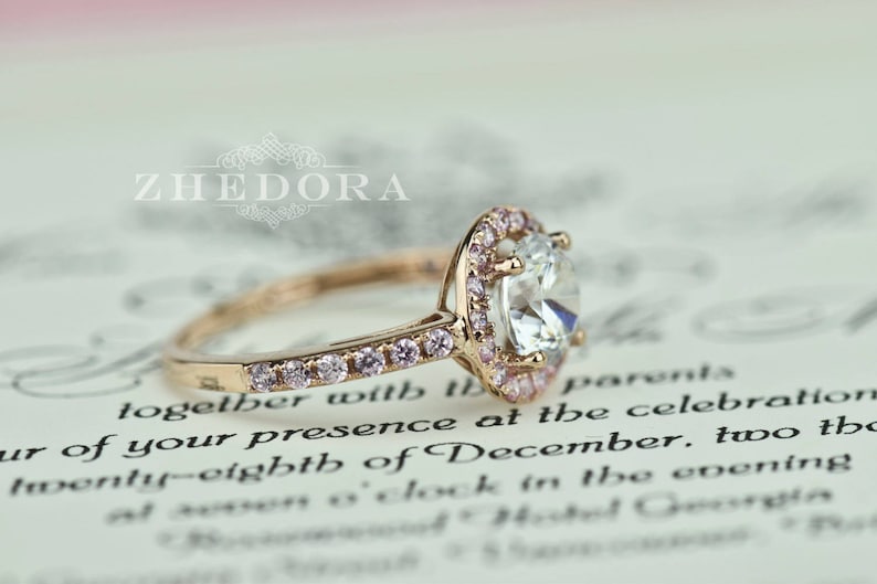 2.50 CT Pink Engagement Ring in 14k/18k Rose Gold, Halo Engagement Ring, White Sapphire Ring, Forever One Moissanite Engagement Ring Zhedora image 4