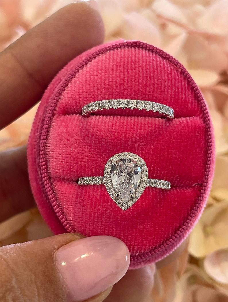 Pear Halo Engagement Ring and Band Halo Pear Ring Gold Pear Etsy