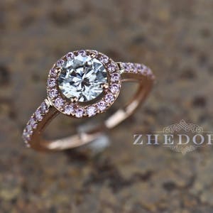 2.50 CT Pink Engagement Ring in 14k/18k Rose Gold, Halo Engagement Ring, White Sapphire Ring, Forever One Moissanite Engagement Ring Zhedora image 3