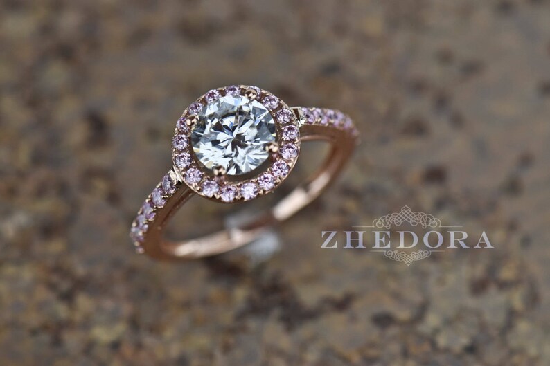 2.50 CT Pink Engagement Ring in 14k/18k Rose Gold, Halo Engagement Ring, White Sapphire Ring, Forever One Moissanite Engagement Ring Zhedora image 3