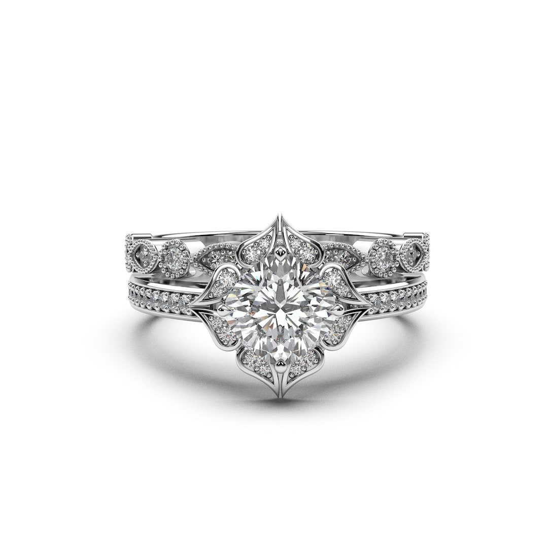 Solid Gold Art Deco Wedding Set, Vintage Engagement Ring and Band in ...
