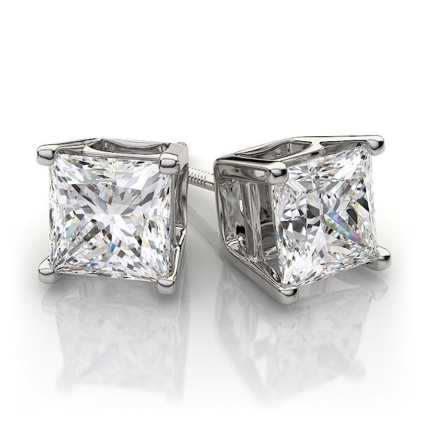 2 Ct Princess Cut Simulated  Diamond Earrings Studs Solid 14K White Gold Screw Back Basket Unisex Earring