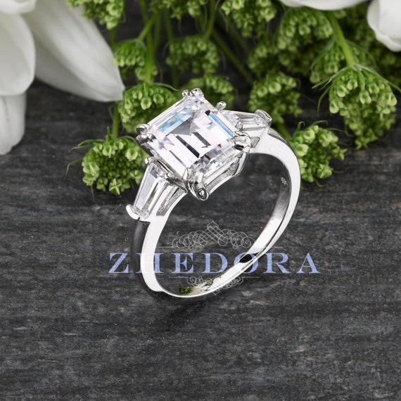 White Gold Emerald Cut Engagement Ring, Gift For Wife Engagement Ring  Platinum Engagement Ring Ring For Her Proposal Ring