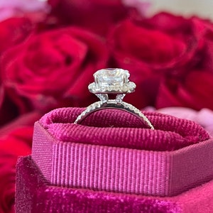 May include: A silver engagement ring with a large, clear, round diamond center stone surrounded by a halo of smaller diamonds. The ring is sitting in a pink velvet ring box.