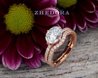 Oval Engagement Set in Solid Rose Gold , East West Oval Moissanite Ring set , Gold Bridal Set, unique gift for her, Zhedora engagement ring