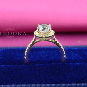 Yellow Gold Engagement Ring, Round Cut Halo Solid 14k/18k Yellow Gold, Ring for her , Engagement Rings , Halo Ring , Moissanite Ring image 4