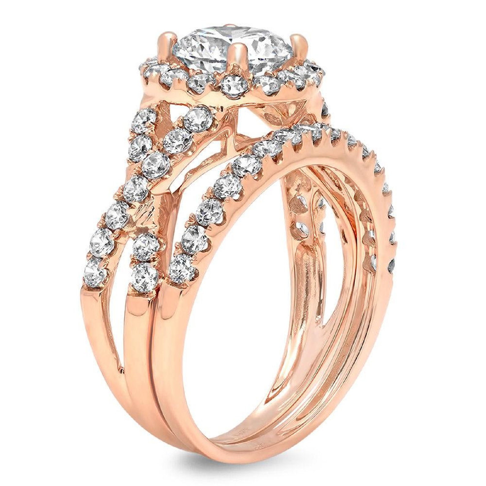 wholesale onlinestore Ring Rose Halo Set Gold in Oval Cut Wedding Set Stone  Wedding , Gold Round Cut Rose Engagement Ring Clear , Engagement Ring ,  Diamond Bridal Set , Ring Set