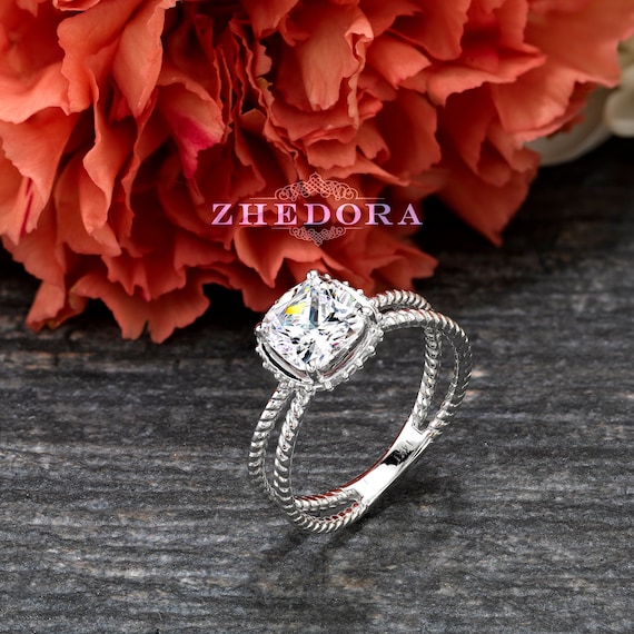 2.0 CT Cushion Cut Ring 14k/18k White Gold, Cable Engagement Ring, Twisted Shank Cushion Cut Moissanite Ring,Hidden Halo Ring, Ring for her