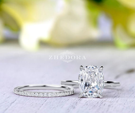 Elongated Cushion Engagement Ring and Band, White Gold Wedding Set