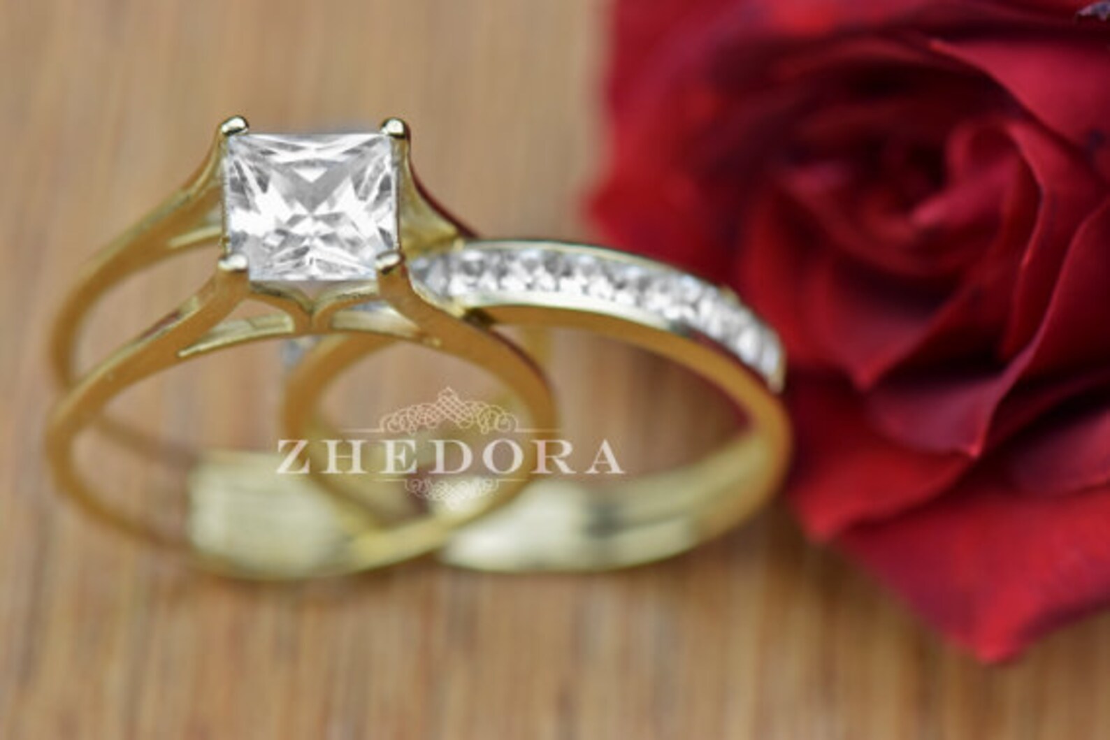 Yellow Gold Princess Cut Bridal Set Solid 14k/ 18k , Channel Set