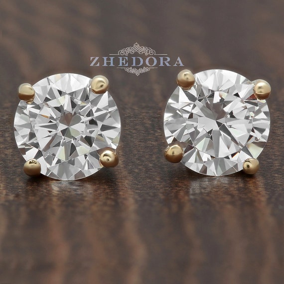 2 Ct Round Earrings Studs Solid 14K Yellow Gold Brilliant Cut Basket Screw Back