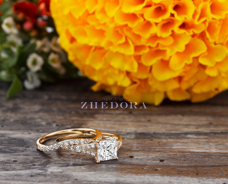 Yellow Gold Princess Cut Bridal Set in 14k or 18k Split Etsy