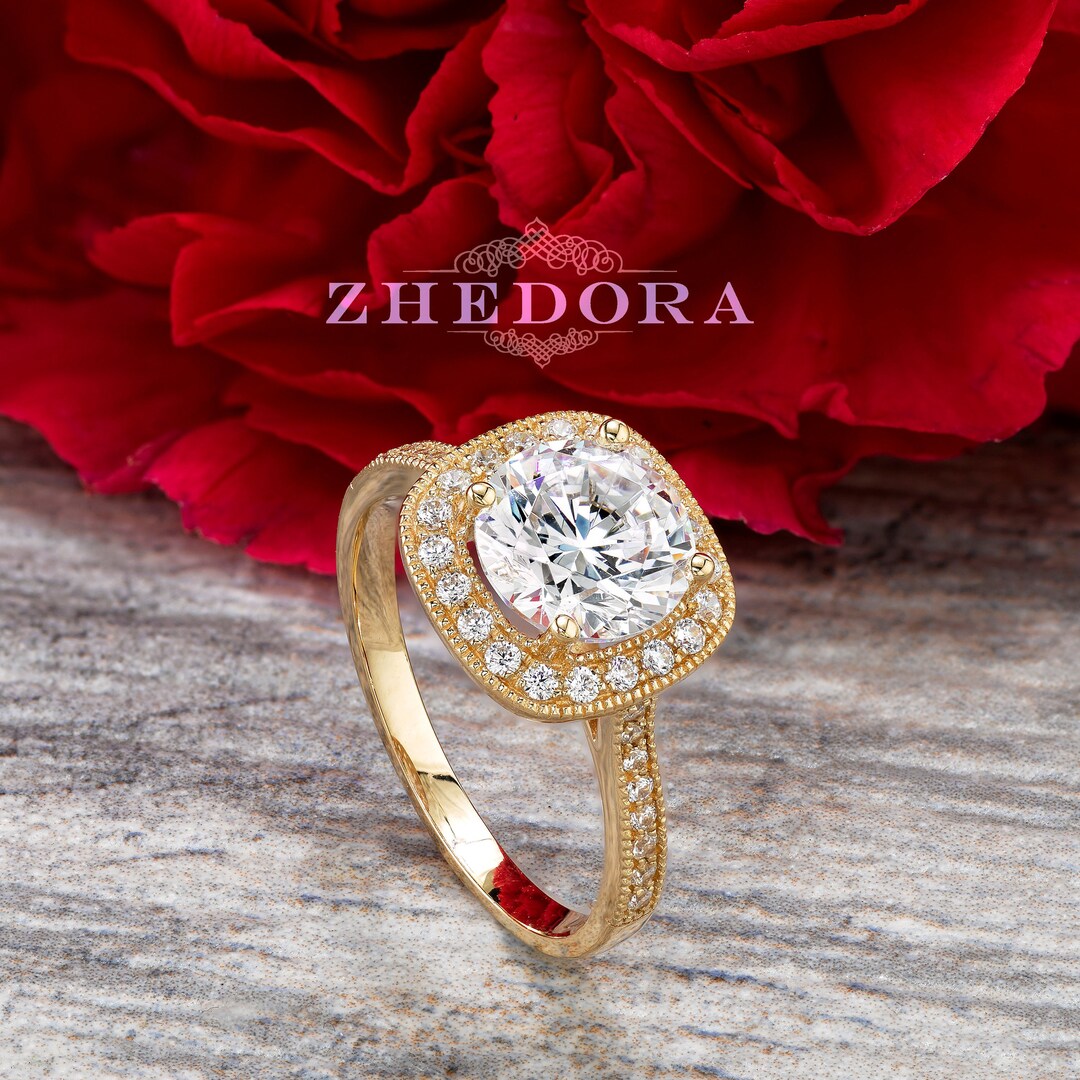2ct Round Halo Engagement Ring in Solid 14k Gold Moissanite Etsy