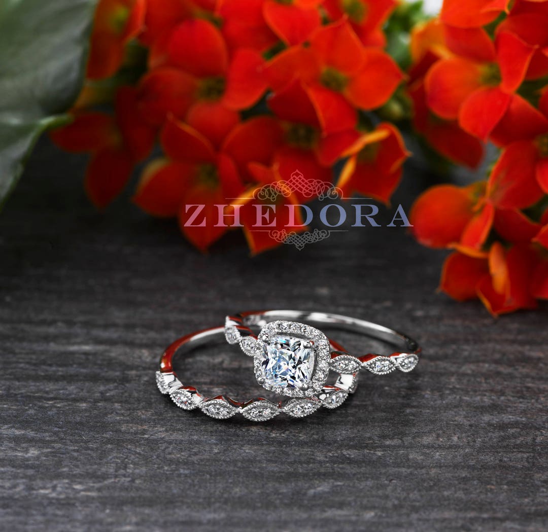 Cushion Cut Wedding Ring Set in Solid 14k/18k White, Dainty Wedding Set