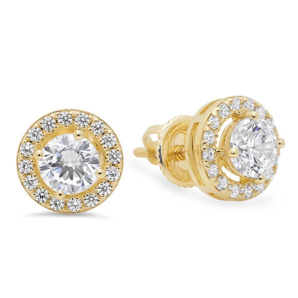 1.35 CT Round Brilliant Cut Solitaire Halo Stud Earrings 14K Yellow Gold, Unique Gold Earring