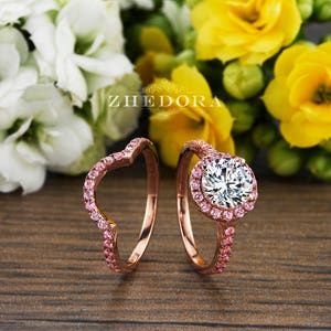 2.50 CT Pink Engagement Ring in 14k/18k Rose Gold, Halo Engagement Ring, White Sapphire Ring, Forever One Moissanite Engagement Ring Zhedora image 6