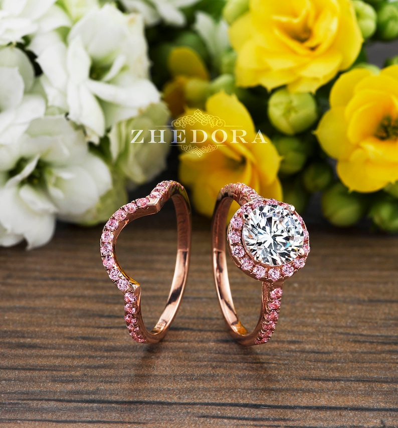 2.50 CT Pink Engagement Ring in 14k/18k Rose Gold, Halo Engagement Ring, White Sapphire Ring, Forever One Moissanite Engagement Ring Zhedora image 6