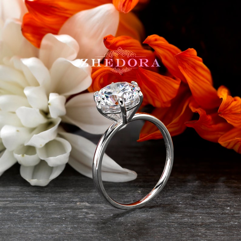 White Gold 2 CT Round Moissanite Engagement Ring 14/18k , Dainty Ring , Forever One Engagement Ring, 6 Prong Ring, 8mm Round Ring, Zhedora image 4