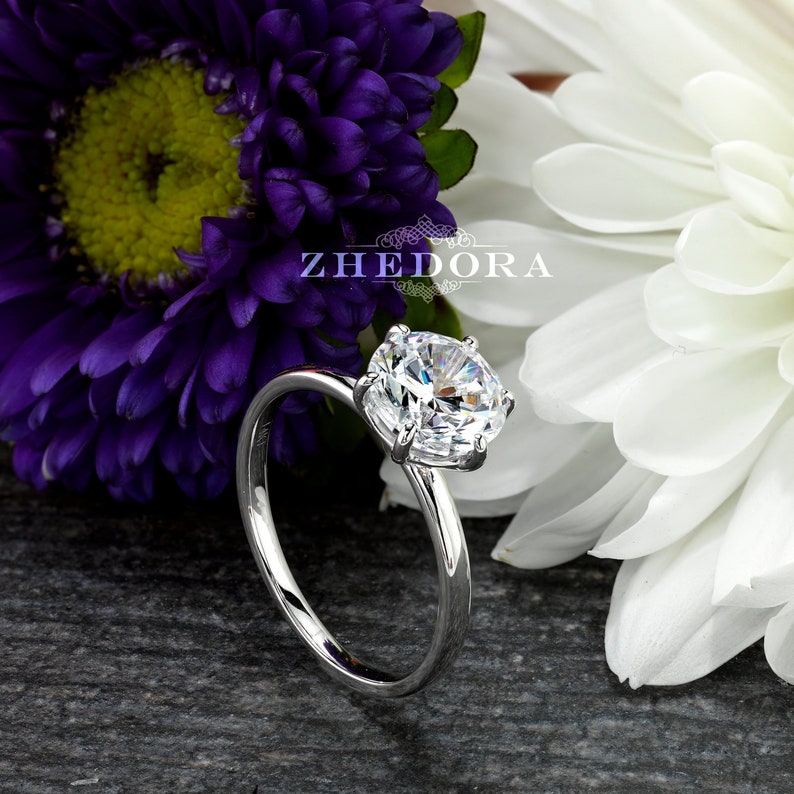 White Gold 2 CT Round Moissanite Engagement Ring 14/18k , Dainty Ring , Forever One Engagement Ring, 6 Prong Ring, 8mm Round Ring, Zhedora image 1