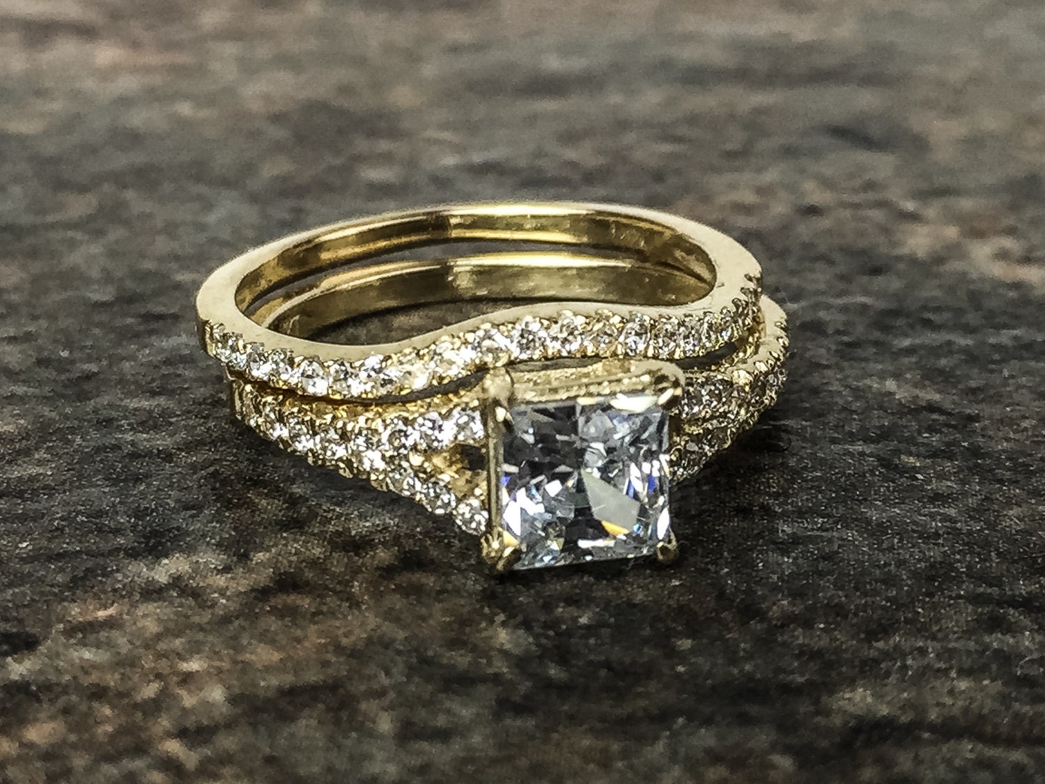 Yellow Gold Princess Cut Bridal Set in 14k or 18k Split Etsy