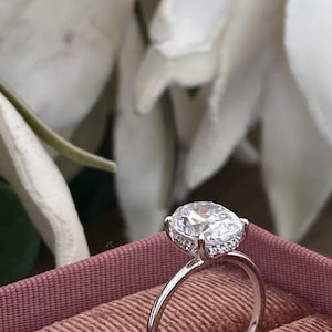 Puede incluir: Un anillo de plata con una gran piedra preciosa redonda y transparente, rodeada por un halo de piedras preciosas m&aacute;s peque&ntilde;as. El anillo est&aacute; en una caja de anillo de terciopelo rosa.