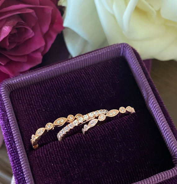 Stacking Rose Gold Bands, Wedding Bands, Art Deco Bands, Diamond Wedding Band, Moissanite Wedding Ring, Stackable Rings, Fashion Bands