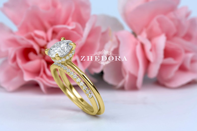 14K Gold Engagement Ring Set / Hidden Halo Engagement Ring / 1 Etsy