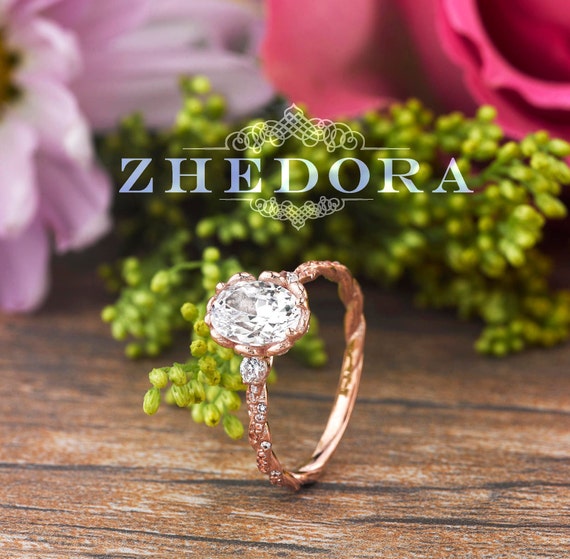 Solid Rose Gold Oval Cut Engagement Ring Vintage Engagement Ring