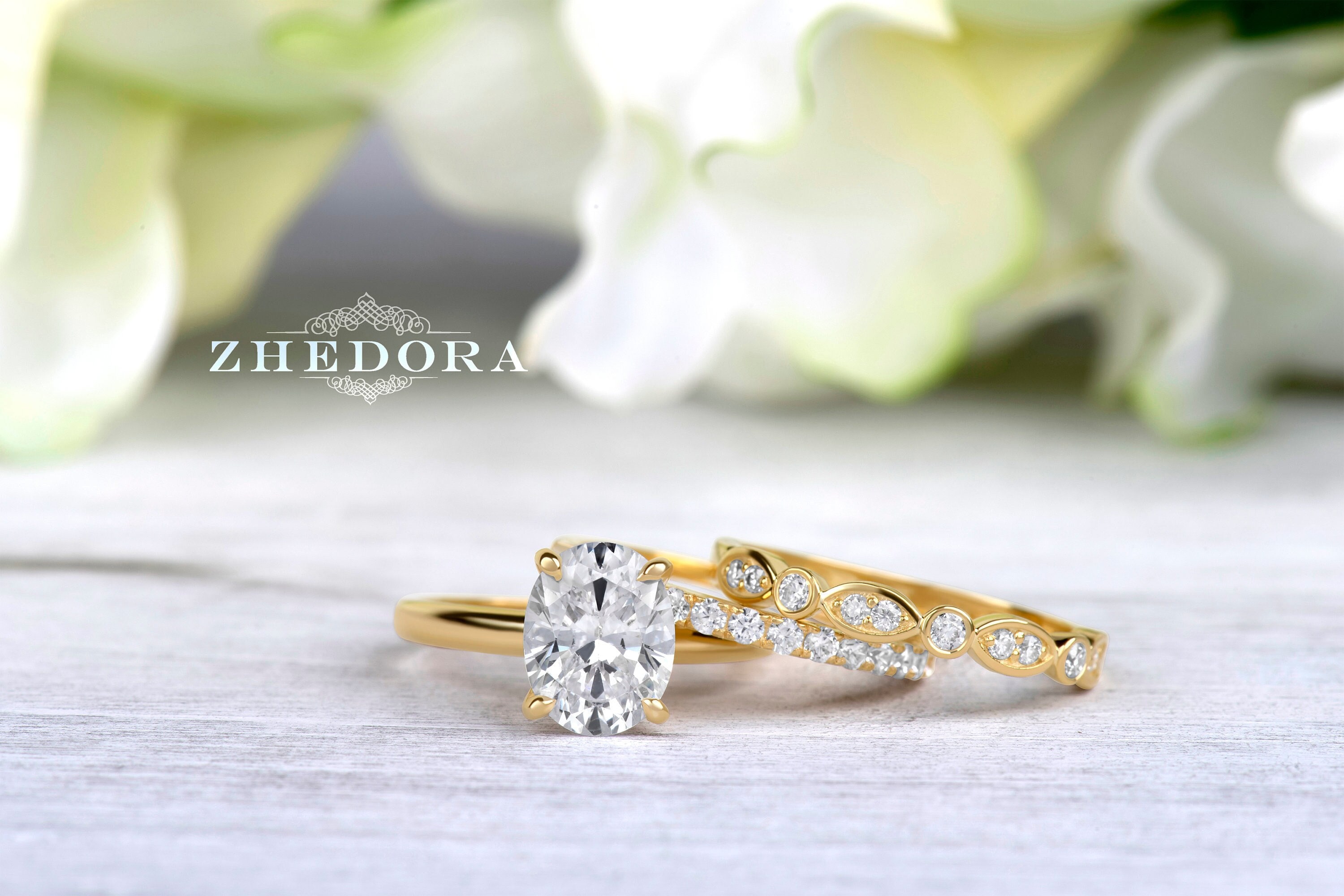 Oval Stackable Rings 1.5 CT Oval Yellow Gold Stacking Bridal Set, Yellow Gold Oval Ring ...