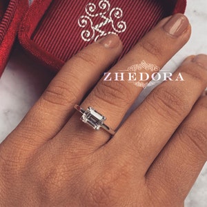 Lab Diamond Engagement Ring , VVS1/2 Emerald Cut Diamond , White Gold Diamond Ring , East West Diamond , Vintage Diamond Ring , Real Gold