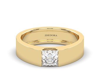 Solid Gold Wedding Ring, 5MM Gold Ring, 14K Wedding Ring, Engagement Ring,  Moissanite Gold Ring, Ring for Husband , Princess Cut Ring