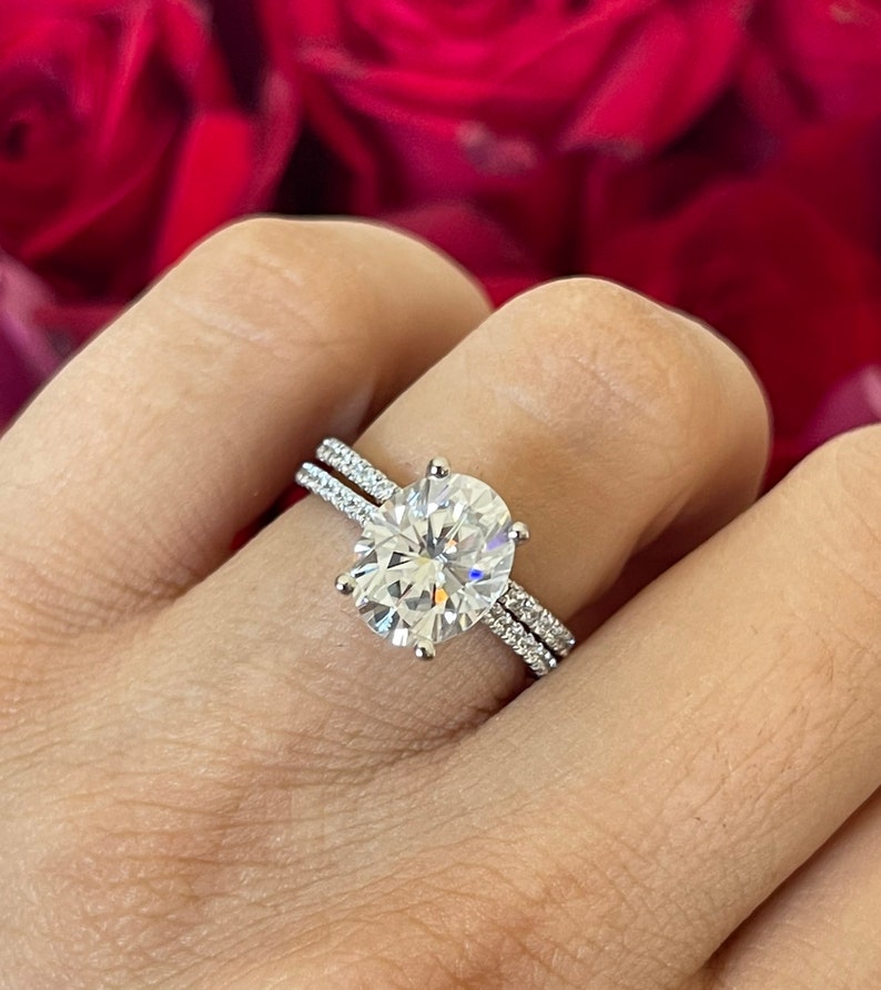 Hidden Halo Oval Engagement Ring Set 14k/18k Rose Gold Etsy