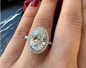 4 CT OVAL Lab Diamond Ring , VS1 F color IGI Certified Lab Grown Diamond Engagement Ring 18k White Gold  , Halo Diamond Ring