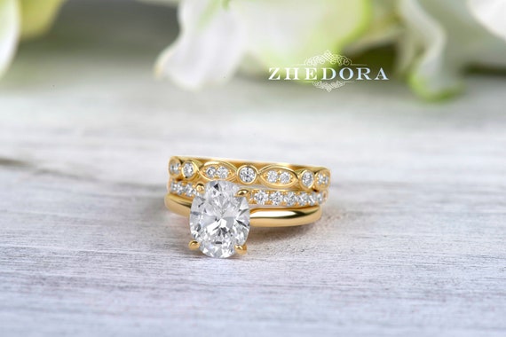 2 CT Oval Yellow Gold Stacking Bridal Set, Gold Diamond Ring