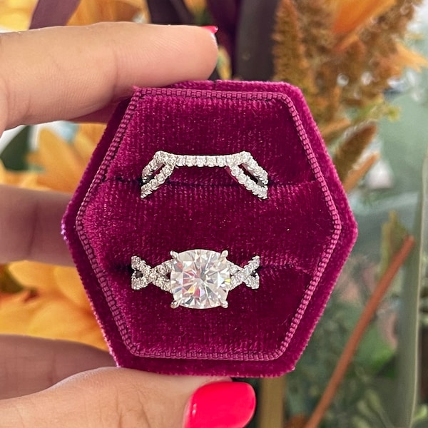 Ensemble de bagues de fiançailles taille coussin, 2,5 carats, or blanc 14 carats/18 carats, bague de fiançailles en platine, bague coussin Forever One, bague diamant de laboratoire, bague diamant